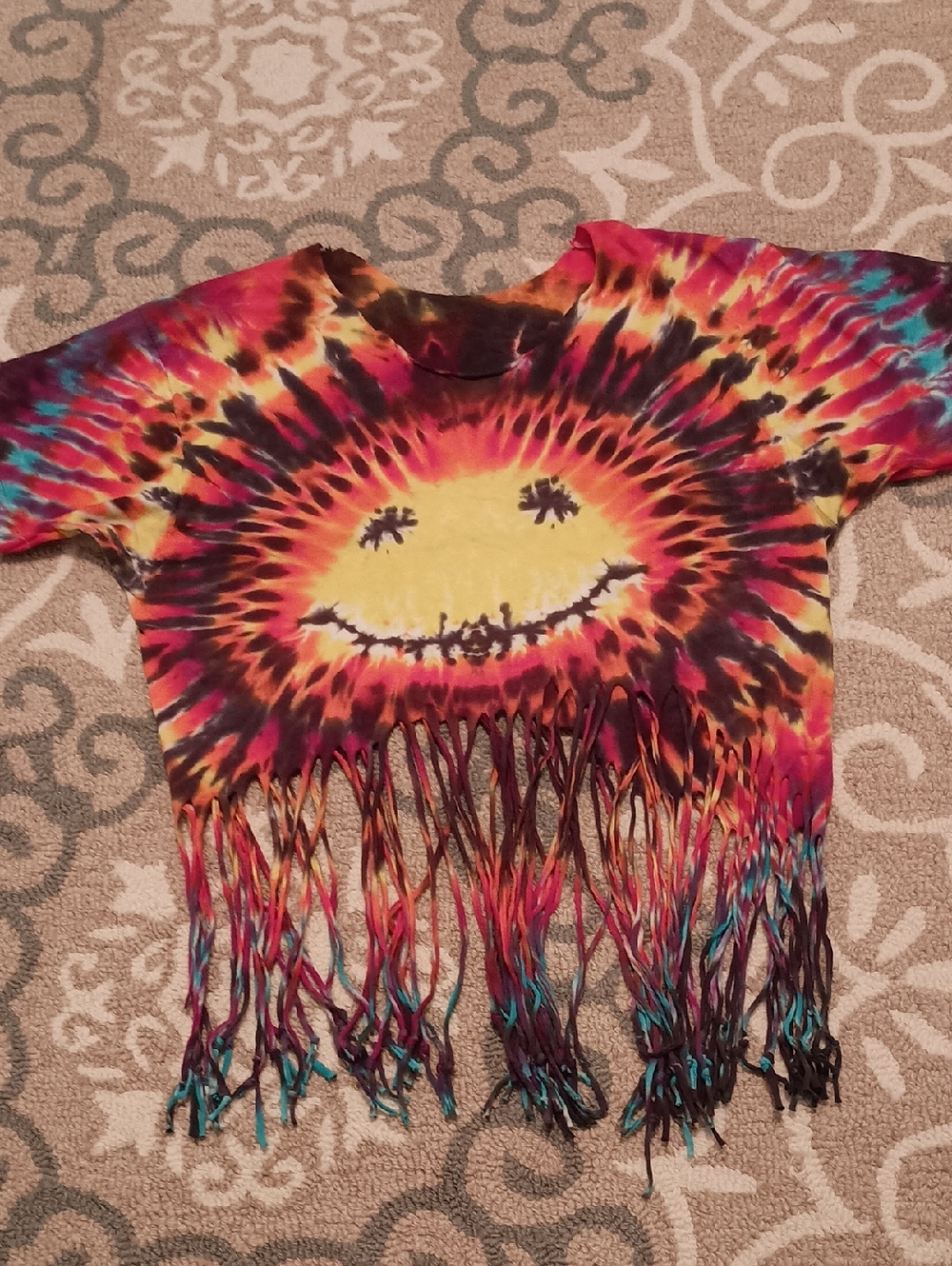 Vintage 70's Tie-Dye Smiley Fringe Multicolor Top